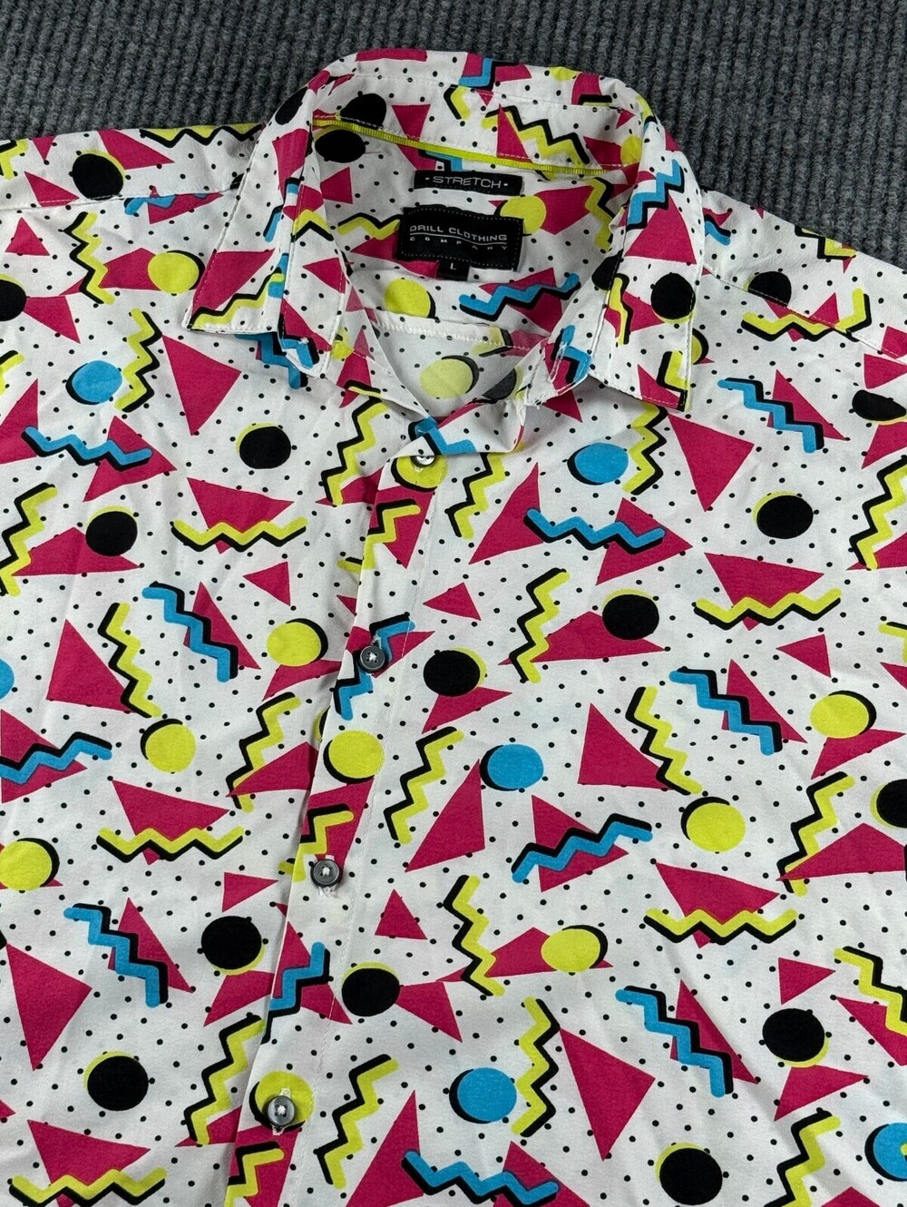 Drill Clothing Co Button Up Mens L Short Sleeve Stretch 80s Saved By The Bell
